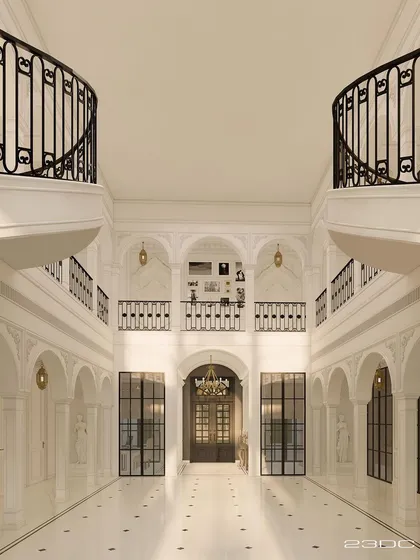 Looking up from the grand entrance, the symmetrical balconies and arched corridors create a sense of perfect balance and harmony. The design is a modern interpretation of a classical palace, filled with light and air.