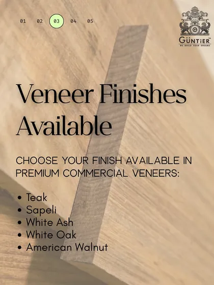 I offer a range of premium commercial veneers to choose from. This graphic lists some of the high-quality woods available, including Teak, Sapele, White Ash, and American Walnut.