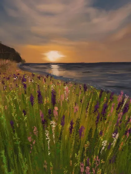 Wildflowers blooming by the sea at sunset. This piece combines my love for florals and seascapes, using a pastel-like texture to capture the warm, golden light of the setting sun.