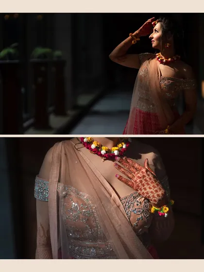 Beautiful detail shots of the bride, Devanshi, capturing the sunlight on her face and the intricate henna on her hands.
