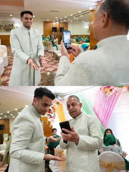 A proud father taking a photo of his son's mehendi. A sweet, modern-day family moment.
