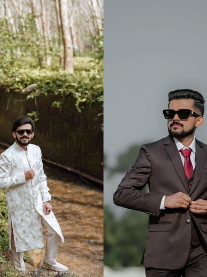 A snapshot of two different styles for one groom: a traditional kurta for one event and a sharp suit for another.