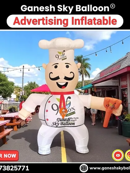 This friendly chef inflatable, shown in a real-world setting, is designed to draw customers into a restaurant. It's a great example of a ground inflatable that creates a welcoming and eye-catching storefront presence.