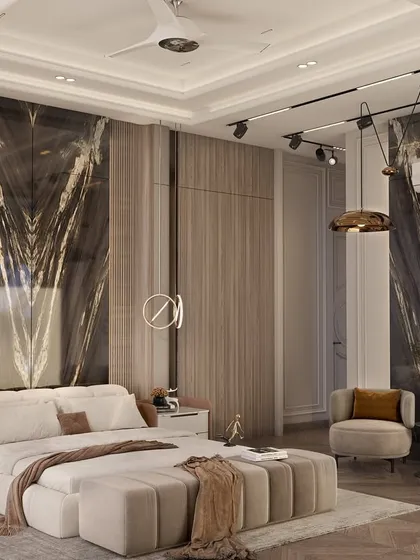 A sophisticated boy's bedroom featuring a dramatic, book-matched marble accent wall behind the bed. The design balances bold materials with a neutral color palette and modern, metallic light fixtures.