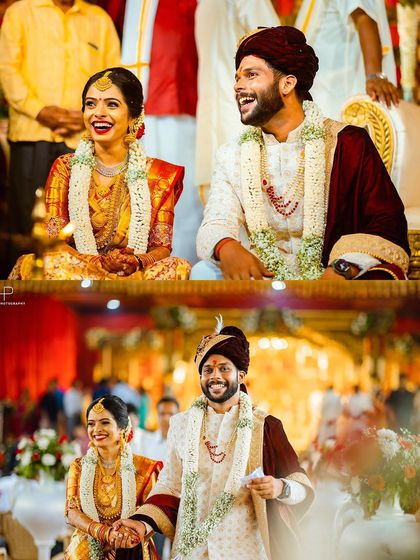 A collage capturing the radiant smiles of the couple during and after their wedding ceremony.