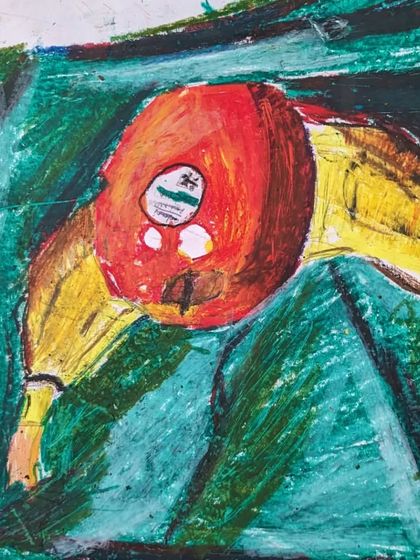 An abstract and energetic still life created with oil pastels. This piece shows a focus on color and texture over realistic representation.