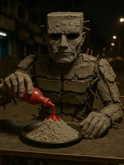 A creature made of concrete and rebar pours ketchup on a plate of sand. A surreal and slightly unsettling image that plays with textures and expectations.