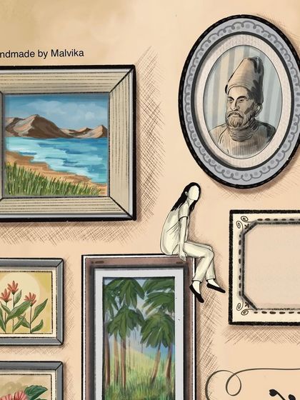 Another detailed shot from the Ghalib-inspired piece. This view highlights the portrait of Ghalib himself, hanging among paintings of landscapes and florals, with a tiny illustrated character perched on a frame nearby.