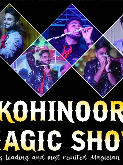 This collage showcases some of my signature acts, like the never-ending paper streamer trick. It represents the variety and excitement you can expect from the Kohinoor Magic Show.