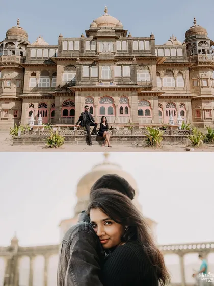 A diptych from the Vijay Vilas Palace shoot. The top image showcases the stunning facade of the palace, while the bottom offers an intimate, over-the-shoulder portrait, combining architectural grandeur with personal connection.
