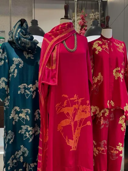 A wider view of the printed silk collection, showing a coordinated set and two different kurta styles, all in a rich and artistic color palette.