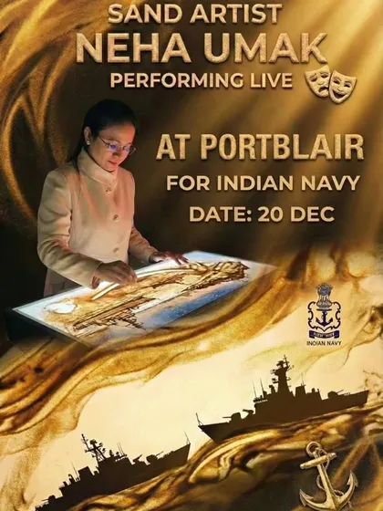 I was thrilled to perform for the Indian Navy in Port Blair. This poster was designed to reflect the naval theme, with warships and anchors drawn in the sand.