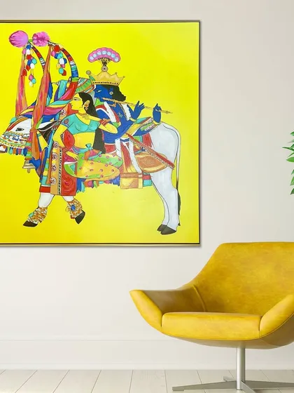This hand-painted wall art depicts Lord Krishna with a sacred bull against a vibrant yellow background. The traditional art style and bright, joyful colors make it a stunning piece of divine decor.