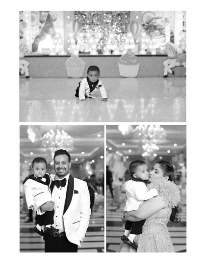 A collection of black and white photos from a birthday celebration. This timeless style highlights the emotions and connections between family members.