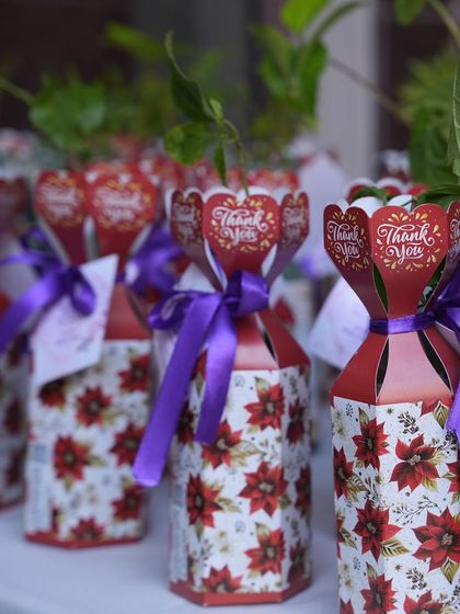 We also arrange thoughtful return gifts for your guests. For this event, we provided beautifully packaged plant saplings, a unique and eco-friendly thank you gift.