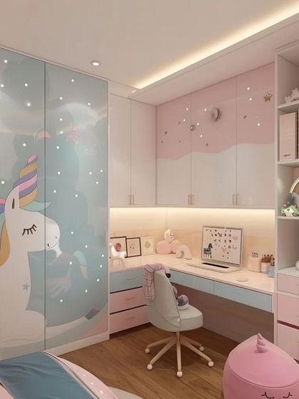 A corner study desk and wardrobe combination in a whimsical unicorn theme. The design uses a pastel color palette and includes open shelving for display.