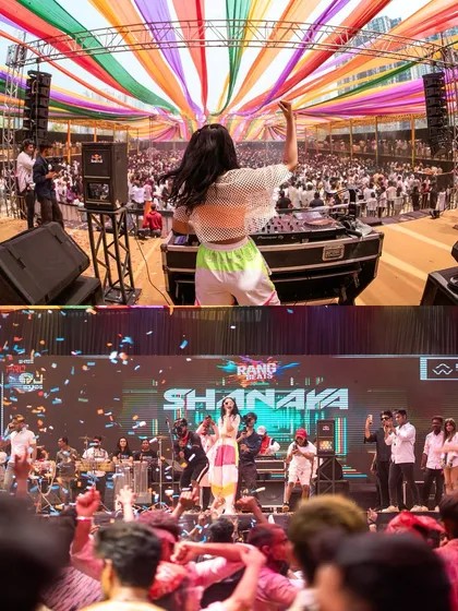 A split view of the Holi festival. The top shows my perspective from the DJ booth looking out at the sea of people, and the bottom shows the view from the crowd looking up at the stage.