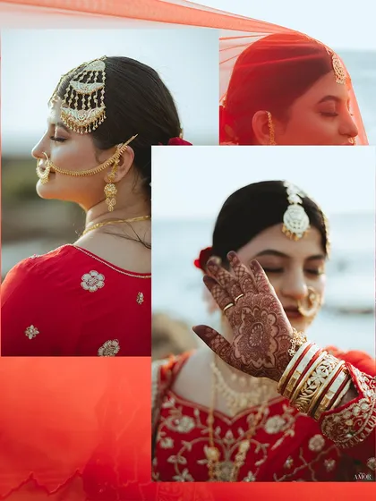 A collage of the Muslim bride's stunning details. It features close-ups of her intricate jhoomar, nath, and henna, showcasing the beauty of her traditional bridal look.