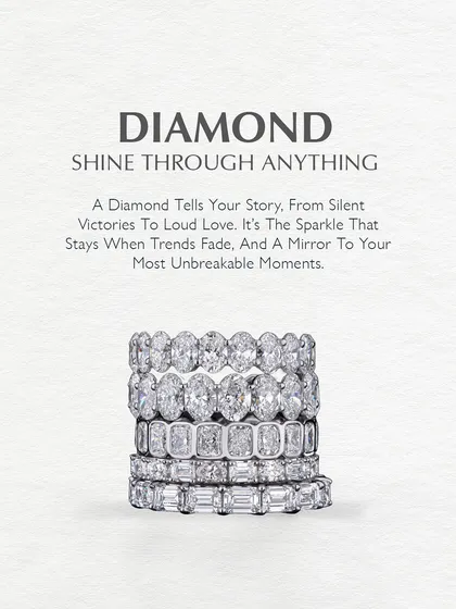Shine through anything. A diamond tells your story, from silent victories to loud love. This stack of custom eternity bands, featuring different diamond cuts, is a mirror to your most unbreakable moments, a sparkle that stays when trends fade.
