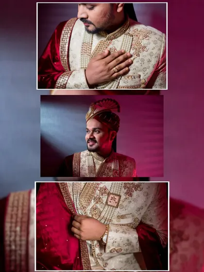 A collage of artistic portraits of the groom, highlighting the rich details of his wedding sherwani.