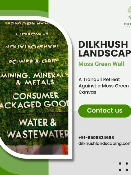 A branded moss wall featuring raised lettering for different business sectors. This is a highly custom option we offer for corporate clients looking to display their identity in a unique way.