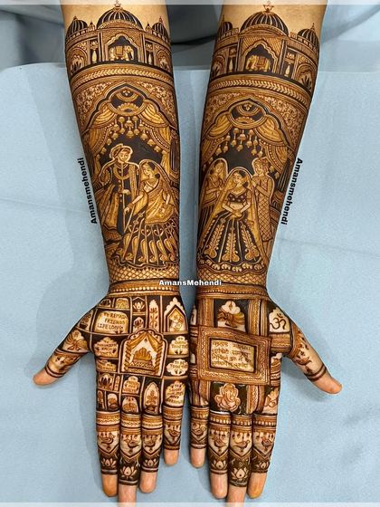 A full view of a breathtaking bridal design. One arm depicts the bride with her parents, while the other shows the couple together, complemented by panels illustrating the seven sacred vows.
