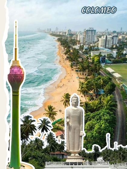 We end our Sri Lanka journey in the bustling capital, Colombo. This collage shows the mix of modern city life and ancient monuments, like the towering Lotus Tower and serene Buddha statues, that you'll explore.