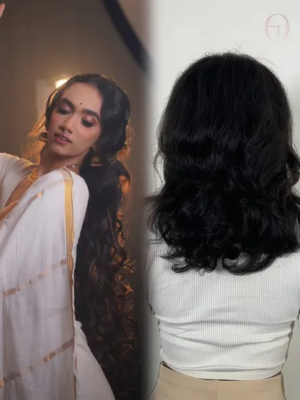 Another before-and-after showing how we can transform short hair into a long, flowing traditional hairstyle for this Onam look using synthetic extensions.