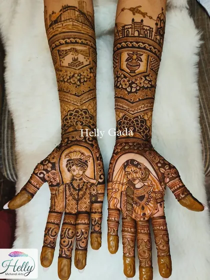 A complete view of a custom bridal mehndi, with portraits on the palms and symbolic figures on the arms. This design tells a full story, from personal faith to the couple's union.