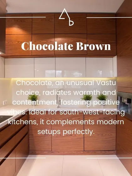 Exploring chocolate brown for kitchens. While an unusual Vastu choice, its warmth is ideal for south-west facing kitchens and complements modern setups.