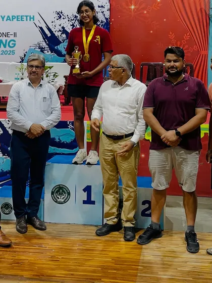 Prapti Ghose being awarded the 'Best Swimmer' trophy at the CBSE North Zone Games after winning 5 gold medals in 5 events. This level of dominance is what my high-intensity clinics are designed to produce.