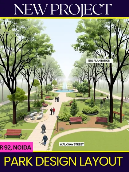 A perspective view of our park design for Sector 92, Noida. This render shows a grand tree-lined walkway leading to a central fountain, creating a classic and inviting park entrance.