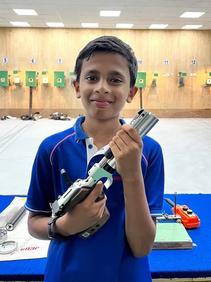 Ashwanth, another promising young shooter from our academy, secured a bronze medal in the Air Pistol Under 14 boys event at an ICSE competition.