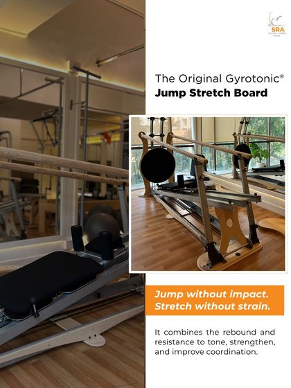 This collage shows the Jump-Stretch Board, which lets you jump without impact and stretch without strain. It combines rebound and resistance to tone muscles, strengthen the core, and improve coordination.