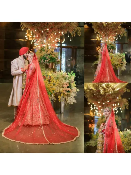 A collage showcasing the bride's stunning red lehenga with its long, dramatic veil.