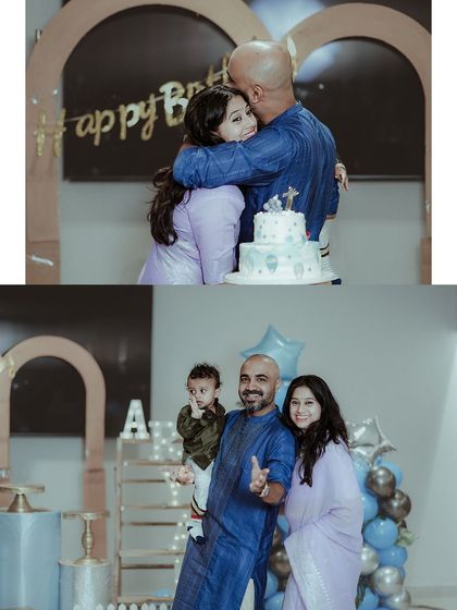 A collage capturing candid moments from a birthday party. It shows the family hugging, posing together, and celebrating around the birthday cake, documenting the event's happy atmosphere.