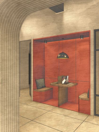 A comparison showing the realization of the arched entryway and the cozy breakout nook.