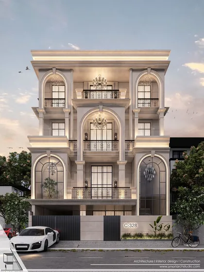 This variation of the Vikaspuri proposal plays with arched windows on the lower level and a more pronounced central balcony, demonstrating different ways to interpret neoclassical themes.