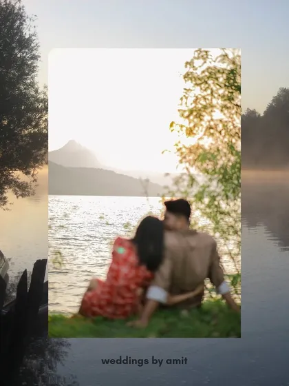A beautifully composed collage with a soft, blurry shot of the couple by the lake, framed by the natural scenery.