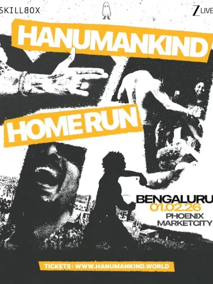 A clean, bold poster for the Hanumankind Home Run tour, with ticket information clearly displayed.