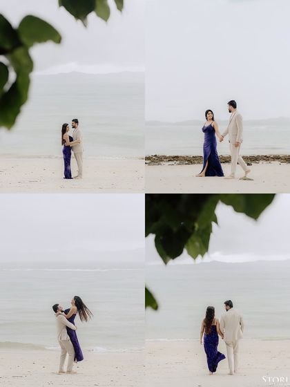 A collage of the couple walking and dancing on the beach, capturing their playful dynamic.