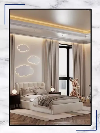 A whimsical and calming design concept for a child's bedroom. The cloud-shaped wall lights and soft, neutral tones create a dreamy and peaceful space for a little one to grow.