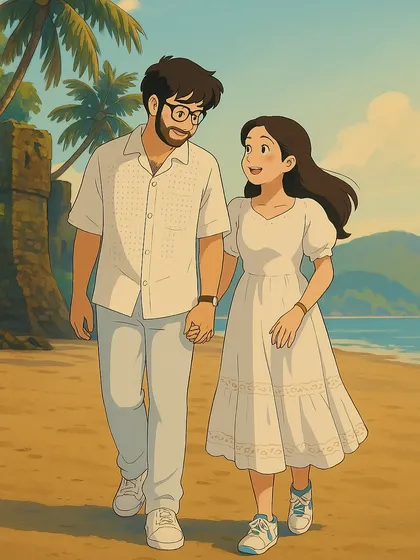 A simple walk on the beach, turned into a scene from your own romantic movie. This hand-drawn illustration captures the feeling of a quiet, shared journey, perfect for an anniversary gift or a unique save-the-date.