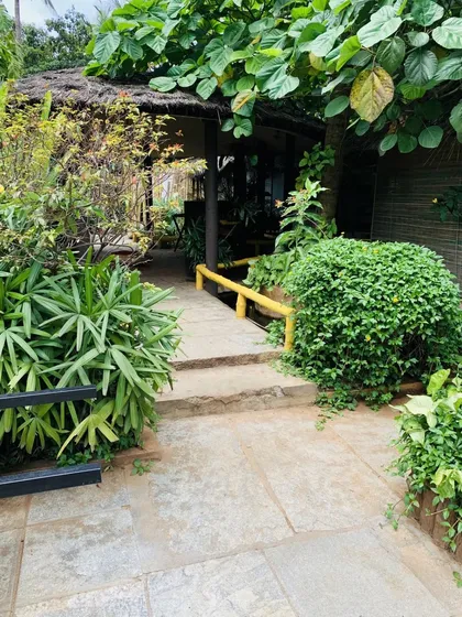 A stone pathway leads to one of our thatched-roof huts, showcasing the rustic and natural architectural style of our venue.
