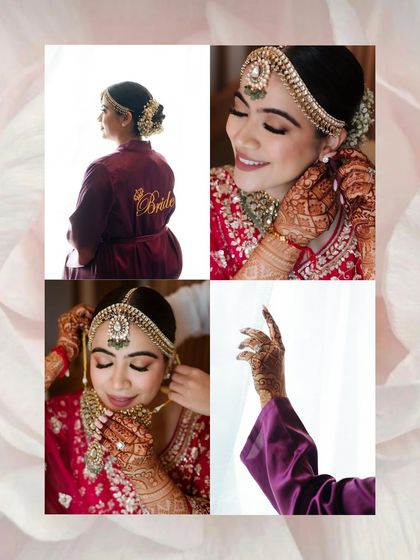 A collage of a bride getting ready, from wearing her robe to putting on her jewelry.