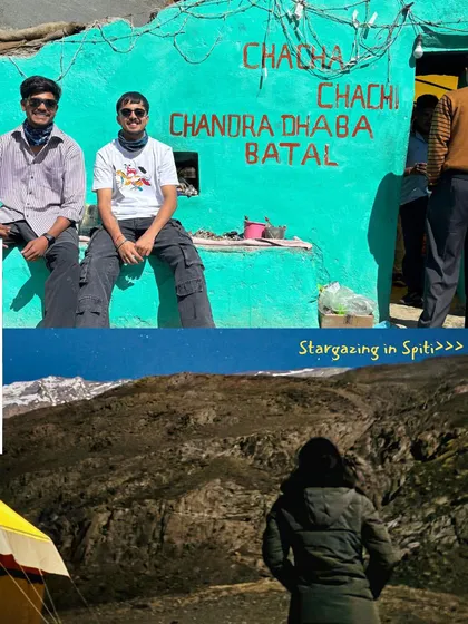 A collage showing the iconic Chacha Chachi Dhaba in Batal and a moment of quiet stargazing. These are the small, essential parts of the Spiti journey that make it so memorable.
