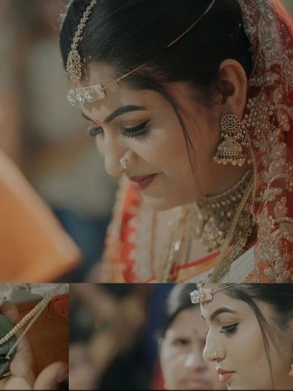 A collage showing the emotional and beautiful moments of a muhurtham. The makeup is designed to be long-lasting and photo-friendly for every part of the ceremony.