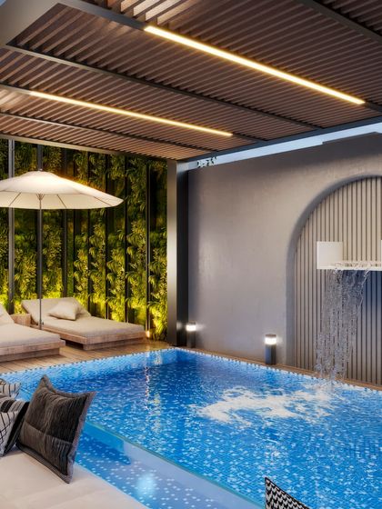 Visualizations of a rooftop terrace pool and lounge area. We've captured the inviting blue of the pool, the texture of the stone patio, and the ambient lighting that makes it a perfect evening retreat.