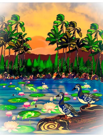 A digital painting of a peaceful pond with ducks and lotus flowers at sunset. This piece is full of vibrant colors and serene natural beauty.