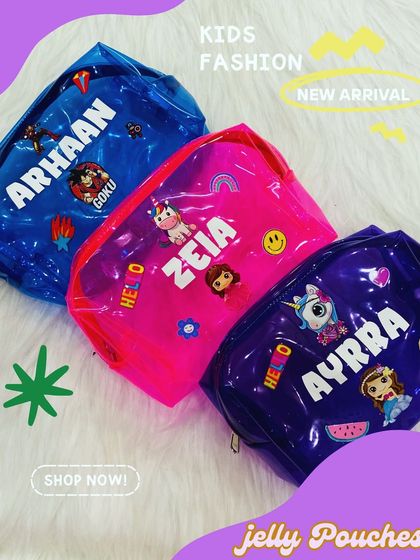 Our jelly pouches are a super cute way to store your essentials. Available in bright neon colors, we can personalise them with your name and fun character patches.